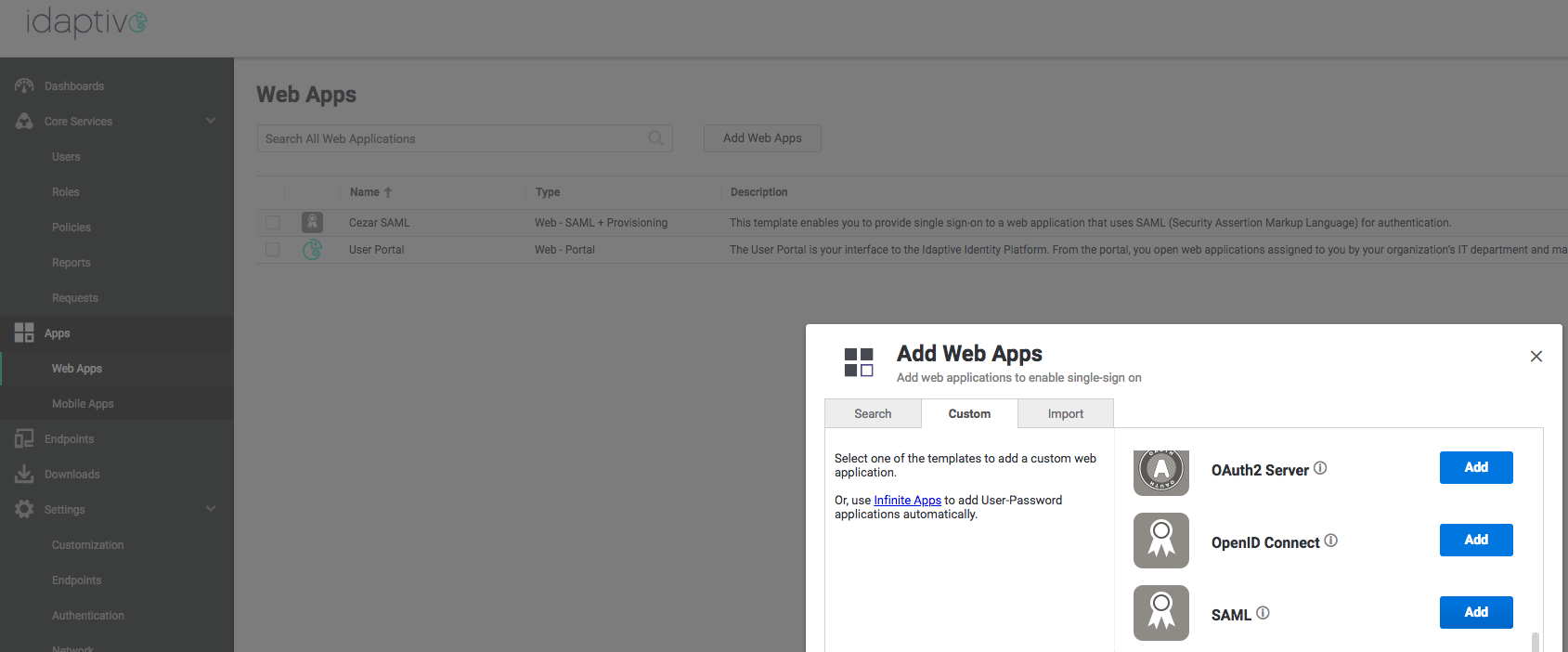 Add Web apps screen